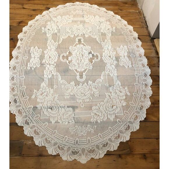 Vintage Oval Lace Tablecloth Ivory Victorian Style 82” x 58” - Picture 1 of 6